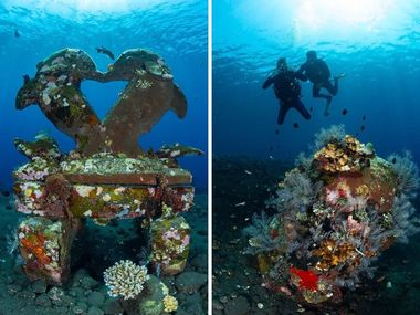 Underwater scenes with coral-covered structures and scuba divers in clear blue water.