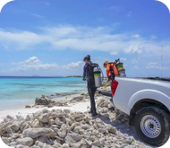 Divers preparing for scuba diving near a pickup truck by a rocky beach with turquoise water and clear blue sky.